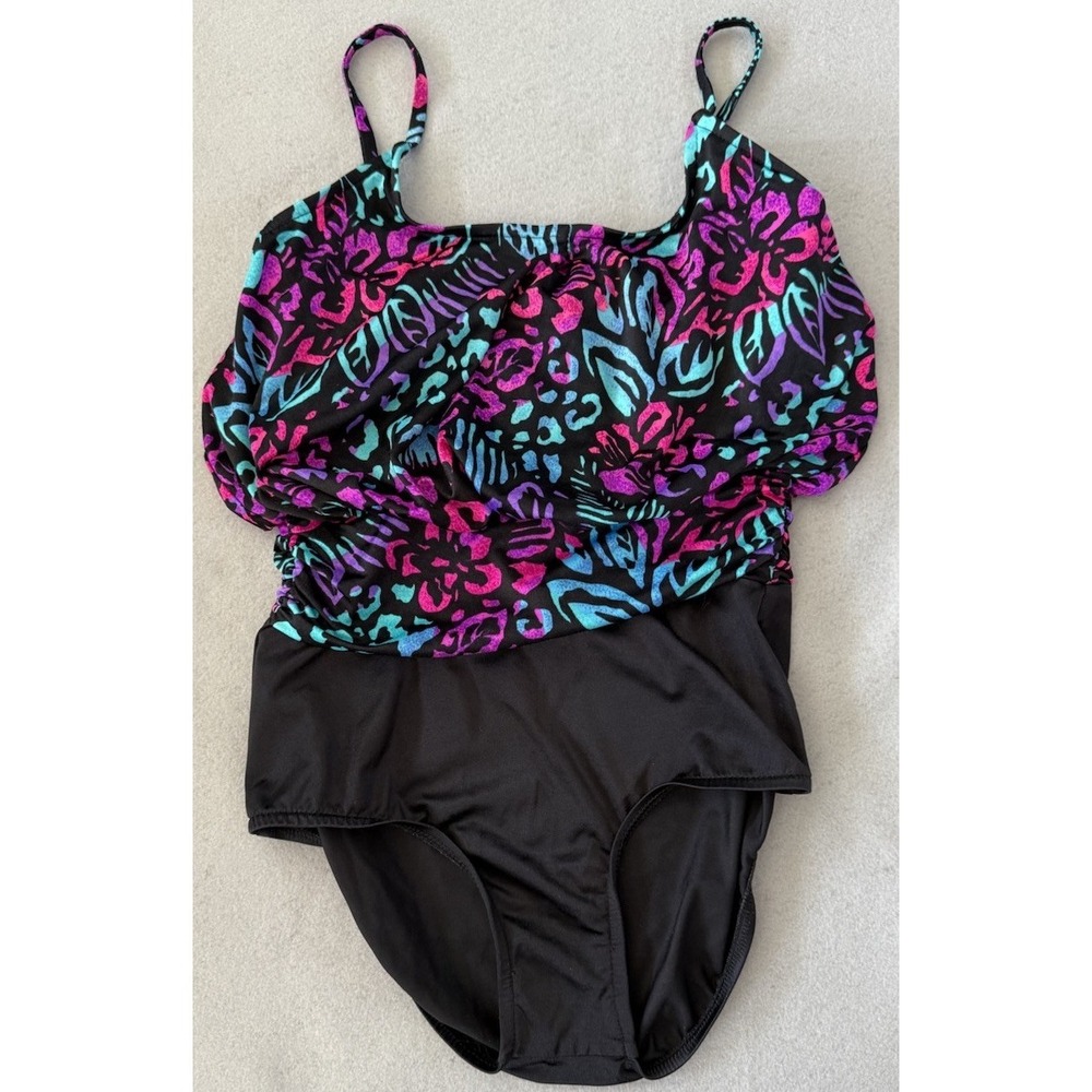 VTG Jantzen Swimsuit 90s Neon Floral Blouson Ruched Waist Retro Bathingsuit Sz 8